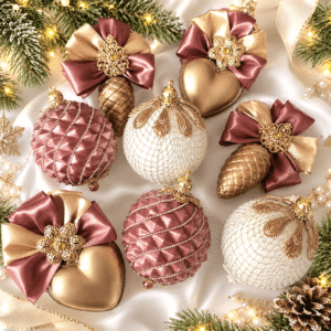 Christmas ornament set in powder pink, gold, and white with decorative bows