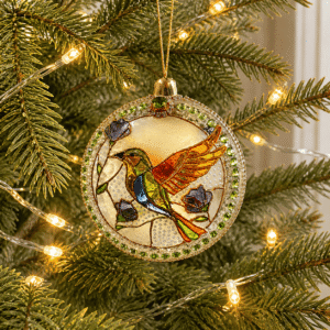 Colourful bird Christmas medallion with hand-painted details on transparent plastic