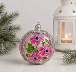 Hand-painted Christmas ornament with delicate pink flowers and green leaves